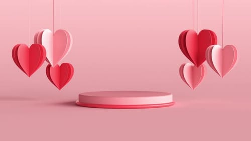 Valentines Day looping video with product display stand and hanging hearts decoration