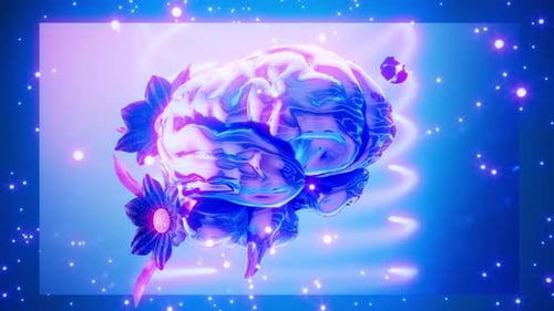 Iridescent Brain with Growing Flowers and Glowing Particles