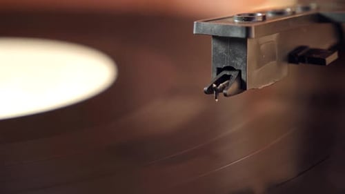 02. Vinyl player. Needle player close up. Retro vinyl record player.