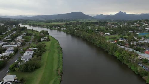 Tweed River Between Murwillumbah And South Murwillumbah In Tweed Shire, NSW, Australia. - aerial sho