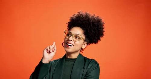 Creative, woman and thinking of solution in studio with insight, business ideas and eureka moment