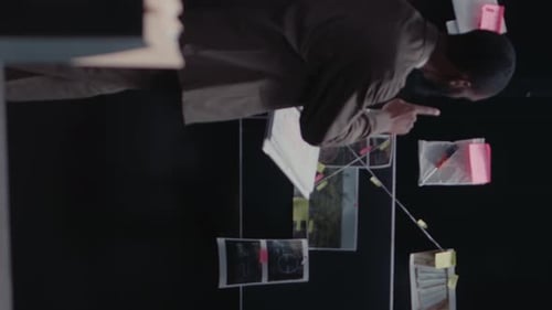 Man Investigates Crime Evidence on Detective Board