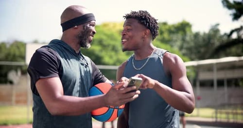 Men, cellphone and basketball on court with athlete, laughing and funny joke with social media meme