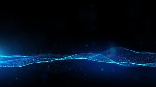 Abstract blue color digital particles wave flow with bokeh and lighting background, Seamless Loop
