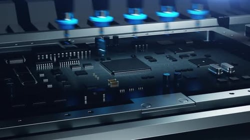 manipulator assembles chips on a chip. animation of microelectronics production