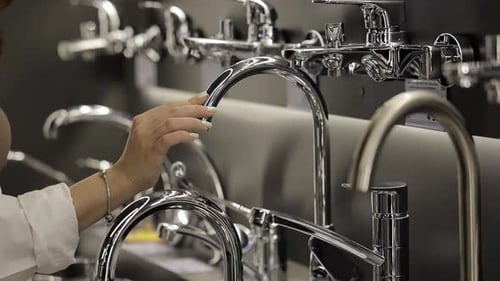 Young Longhaired Woman Chooses Faucets for Kitchen and Bathroom in a Construction Supermarket