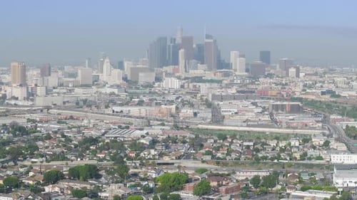 Los Angeles Modern Buildings Skyline in Air Polluted Atmosphere Foggy Morning