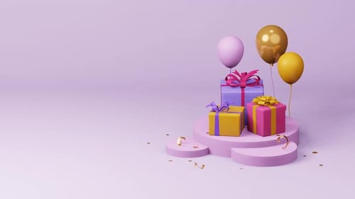 Gift boxes animation. 3d rendering, copy space, pink studio podium, balloons