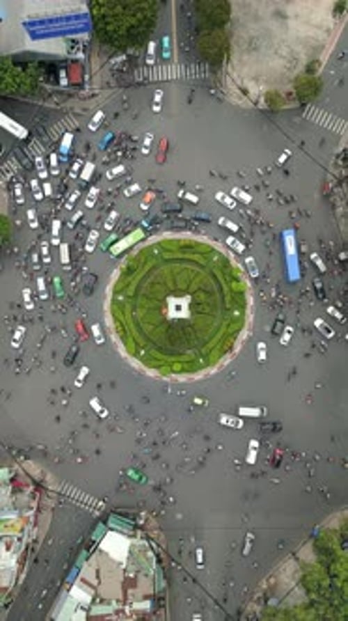 Aerial View of Morning Traffic at Roundabout in Ho Chi Minh City Vietnam