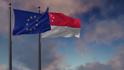 European Union and Singapore Flags Waving Together