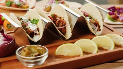 Fresh Tacos in Holders on Wooden Platter