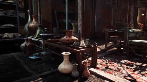 Traditional Pottery for Sale in a Bustling Market of a Small African Town