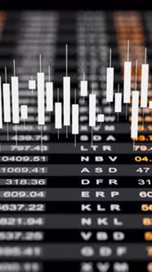 Seamless 3D loop of white candlestick graphs on a black market interface.