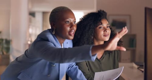 Night office, computer or talking women planning digital marketing business website