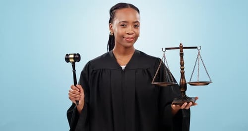 Smile, justice and a black woman or lawyer on a blue background for legal work