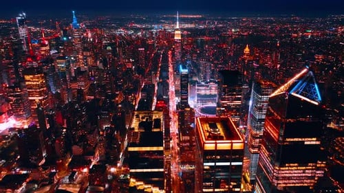 Broad streets of New York with lots of light. Scenic view of metropolis at night