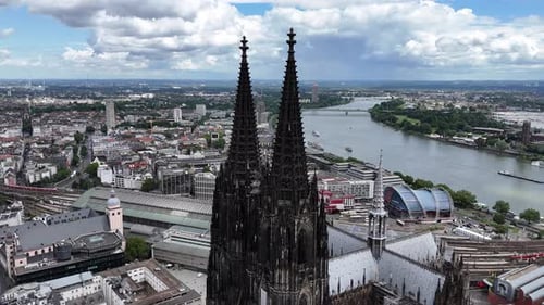 Aerial view of Cologne Cathedral towers in Cologne, Germany