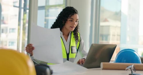 Review, happy woman or architect on laptop for blueprint, engineering model or project inspection