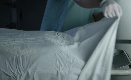 Area 51 Alien Autopsy - covering visitor head on gurney with sheet