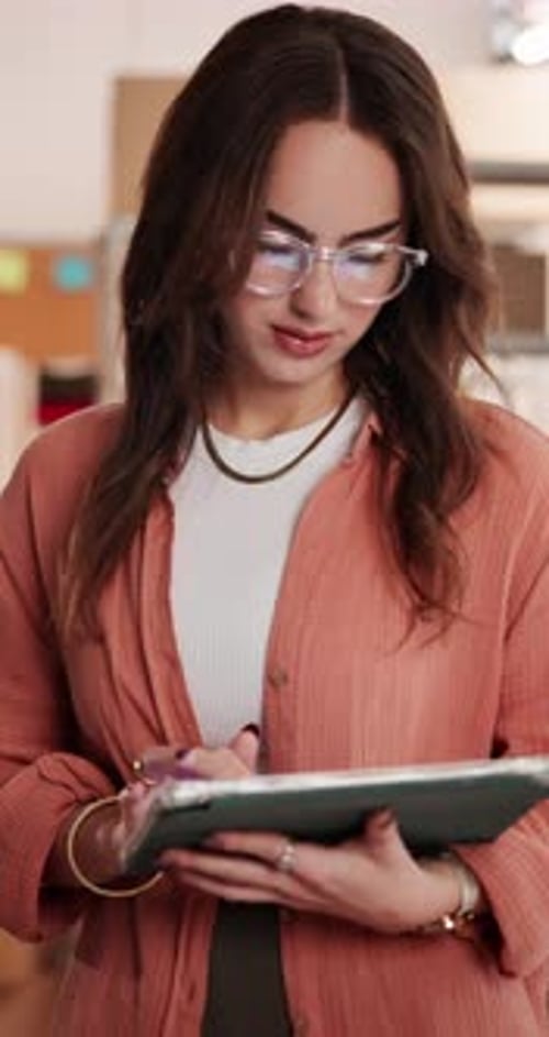 Tablet, research and businesswoman in office with typing email for feedback with online order