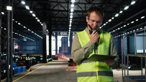 Un membre du personnel industriel utilise un talkie-walkie pour coordonner les tâches d'assemblage