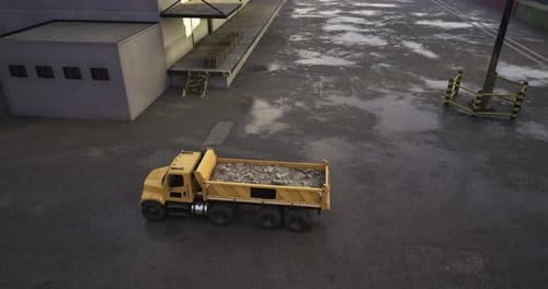 3D Animated Dump Truck Driving Through Industrial Area
