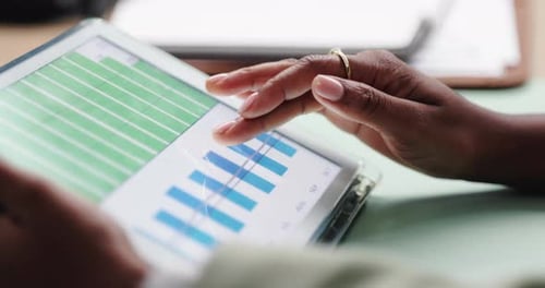 Hands, tablet and screen with graphs, profit and review for company sales