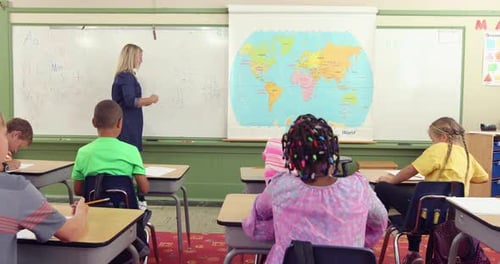 Teacher asks math questions to diverse elementary school students