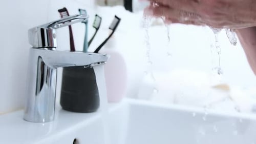 Hands being washed at a bathroom sink