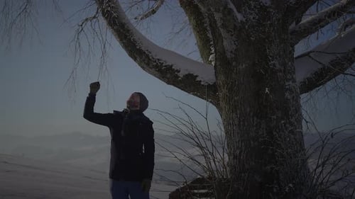 Male Person Walking in Deep Snow Looking at Single Tree