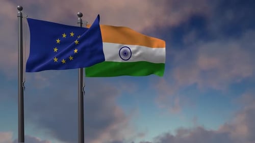 Bandera de la India ondeando junto con la bandera de la Unión Europea - 4K