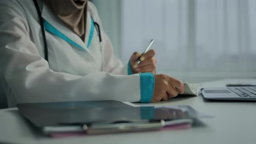 Close Up View Female Doctor General Practitioner Nurse Woman Writing Treatment Prescription Medical