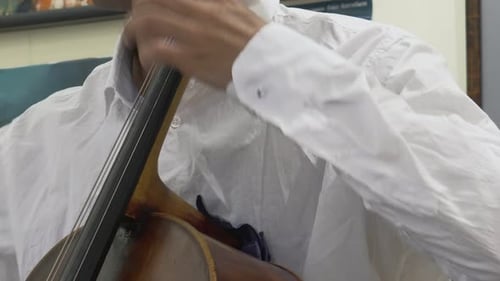 A Man Plays a Melody on a Cello Solo Chamber Concert Closeup
