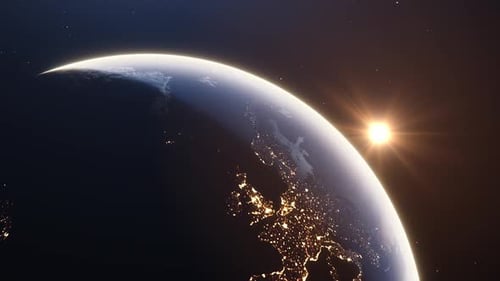 Realistic Rotating Earth with Sunrise and City Lights from Space