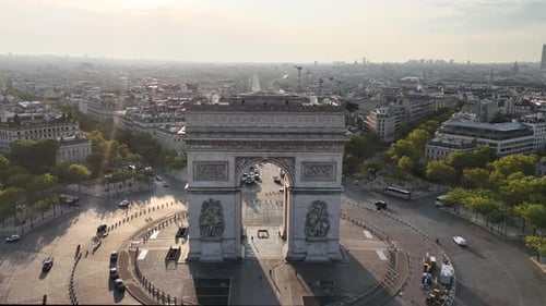 Drone shot of Arc de Triomphe (Arch of Triumph) in Paris, France