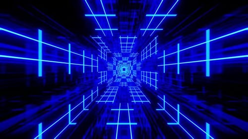 Journey through a modern neon blue grid tunnel animation loop