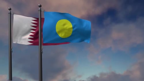 Qatar and Palau National Flags Waving on Poles