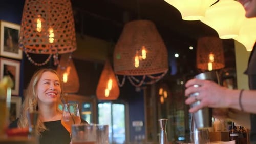 A Woman is Having a Conversation with a Bartender at the Bar