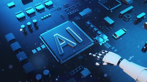 Robot Hand Activating AI Processor on Digital Circuit Board