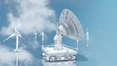 Aerial view around a Space Antenna, beaming signals to 5G satellites