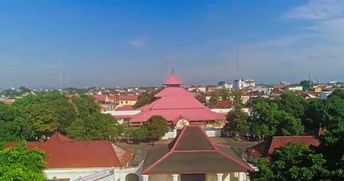 Yogyakarta, 29 April 2024, Aerial view of the grand mosque in the middle of Yogyakarta city