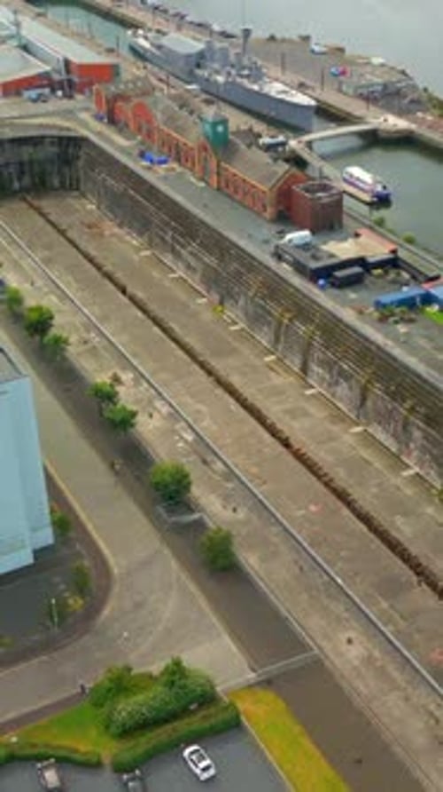 Ascending social ratio aerial video of Thompson Dry Dock in Belfast