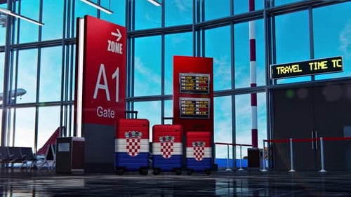 3D Croatian Flag Suitcases in Airport Terminal Animation