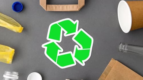 Recycling, Garbage Disposal and Ecology Concept - Green Recycle Symbol with Household