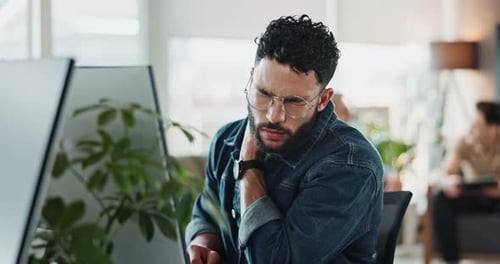 Neck pain, hurt and man in office, computer and working with injury, overwhelmed and inflammation