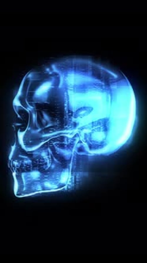 Futuristic Glitch Hologram Skull Rotation Effect