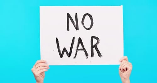 Hands, opinion and sign for war protest in studio, vote for future world