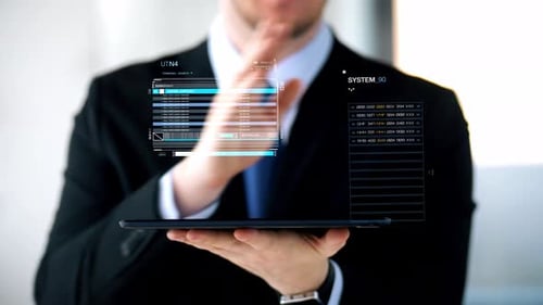 Business, People and Future Technology Concept - Close Up of Businessman With