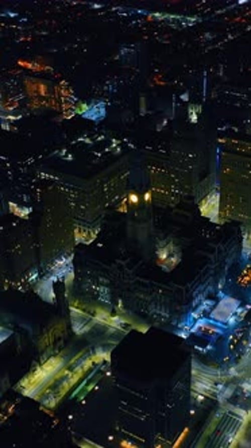 City view in lights. Scenic panorama of Philadelphia, Pennsylvania, United States from drone.