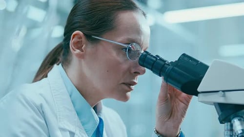 Female Scientist Using Microscope in Laboratory, Close Up